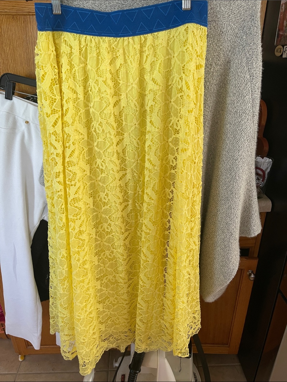 LuLaRoe Bright Yellow Lace Large Skirt with Royal Blue Waist Maxi